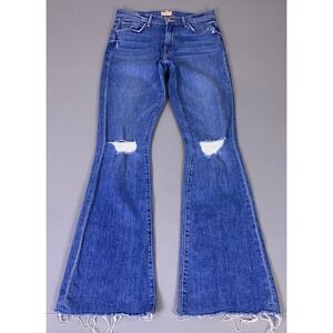 Mother The Weekender Fray Jeans Size 26 Flare Distressed Blue Raw Hem High Rise